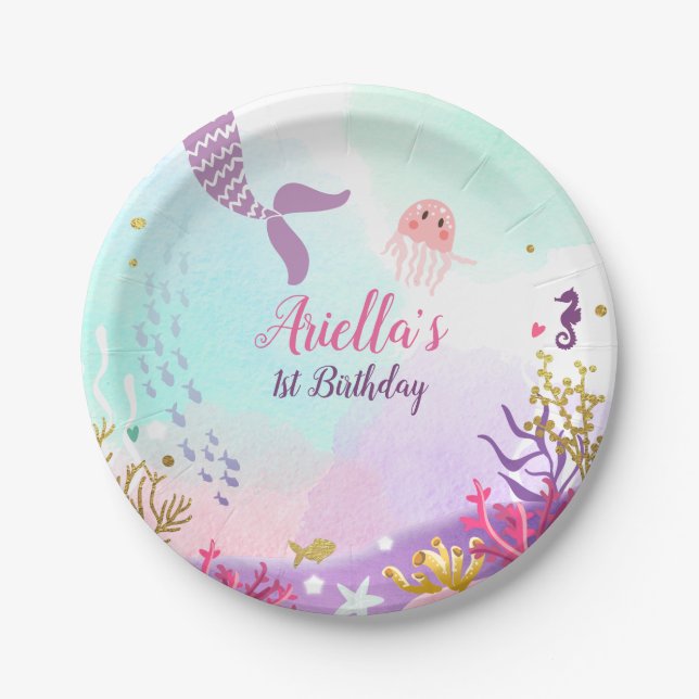 Under the Sea Birthday Paper Plate Mermaid Pink (Front)