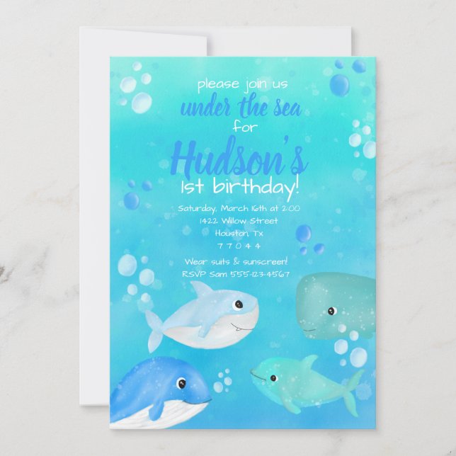 Under the sea birthday party sea animals invitation (Front)