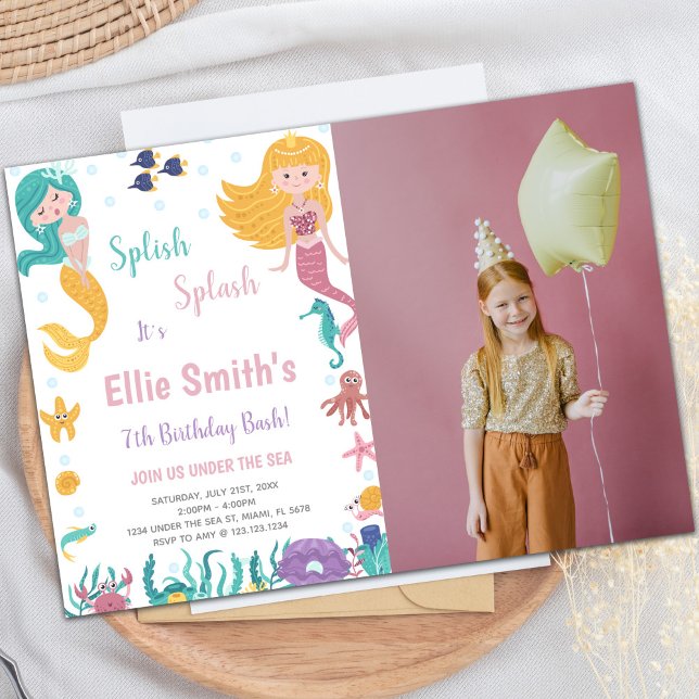 Under the Sea Blonde Mermaid Birthday Invitation (Under the sea Blond Mermaid Invitations with photo)