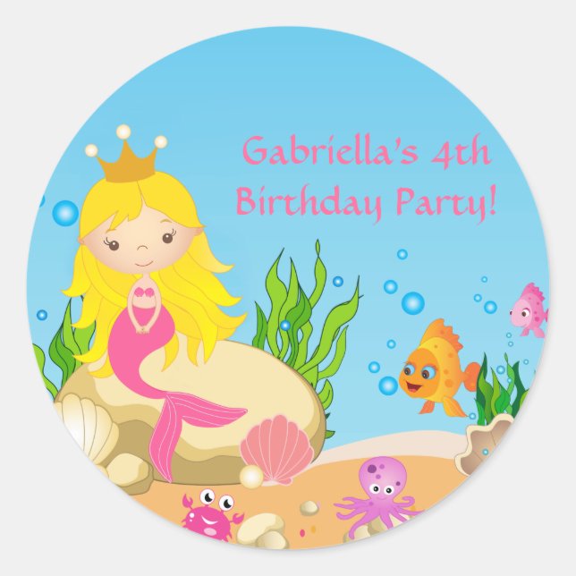 Under the Sea Blonde Mermaid Birthday Sticker (Front)
