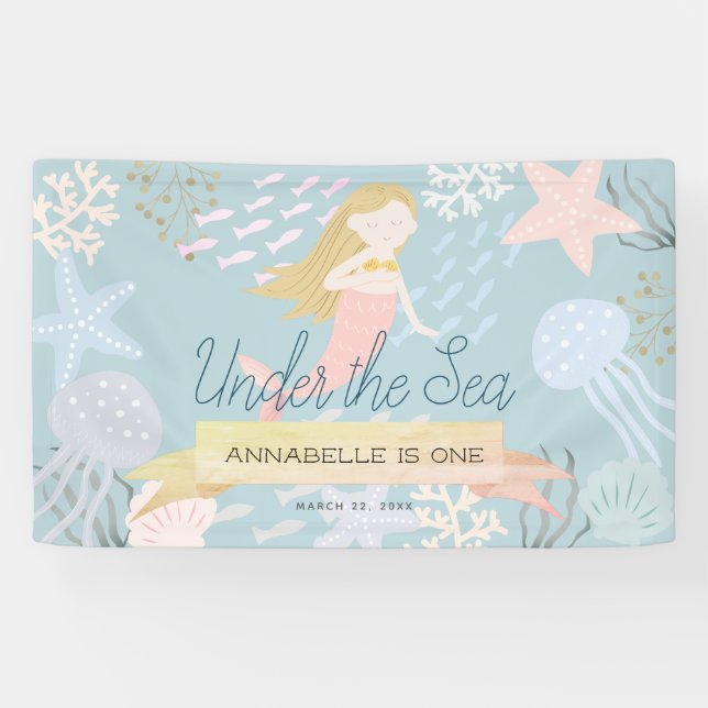Under the Sea Blonde Mermaid Sea Green Birthday Banner (Horizontal)