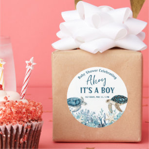 Under the Sea Blue Ahoy It's a Boy Baby Shower Classic Round Sticker