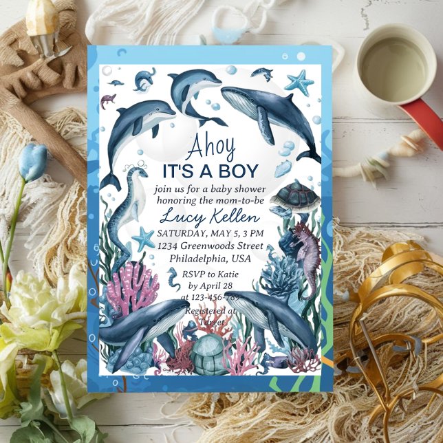 Under the Sea Blue Ahoy It's a Boy Baby Shower Inv Invitation (Creator Uploaded)