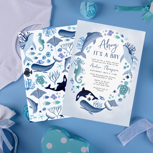 Under the Sea Blue Ahoy It's a Boy Baby Shower Invitation (Creator Uploaded)