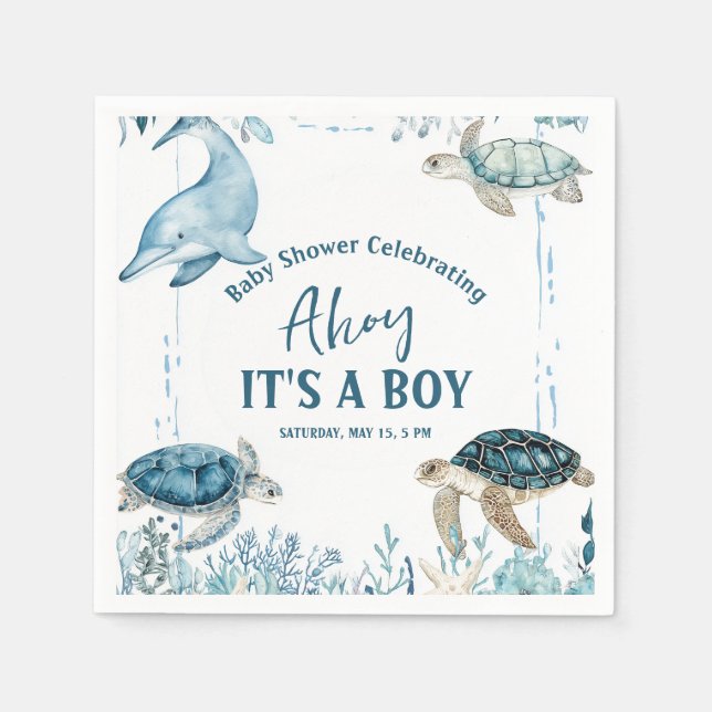 Under the Sea Blue Ahoy It's a Boy Baby Shower Napkin (Front)