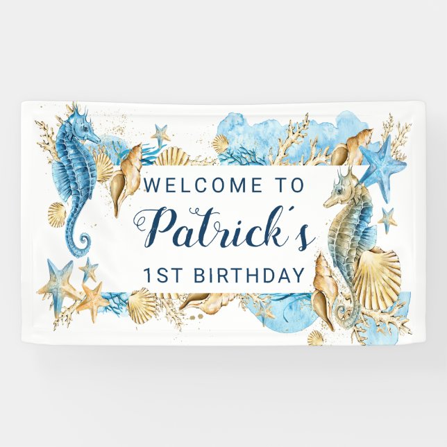 Under the Sea Blue and Gold Birthday Party Welcome Banner (Horizontal)