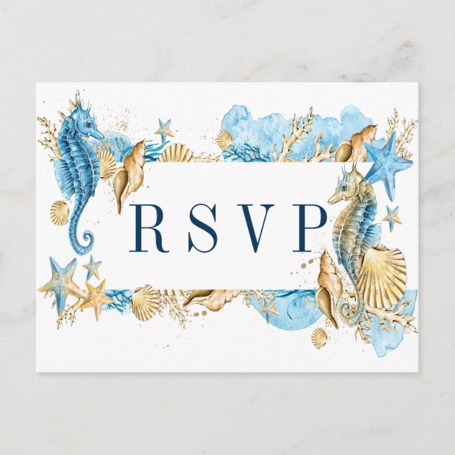 Under the Sea Blue and Gold Summer Wedding RSVP Invitation Postcard (Front)