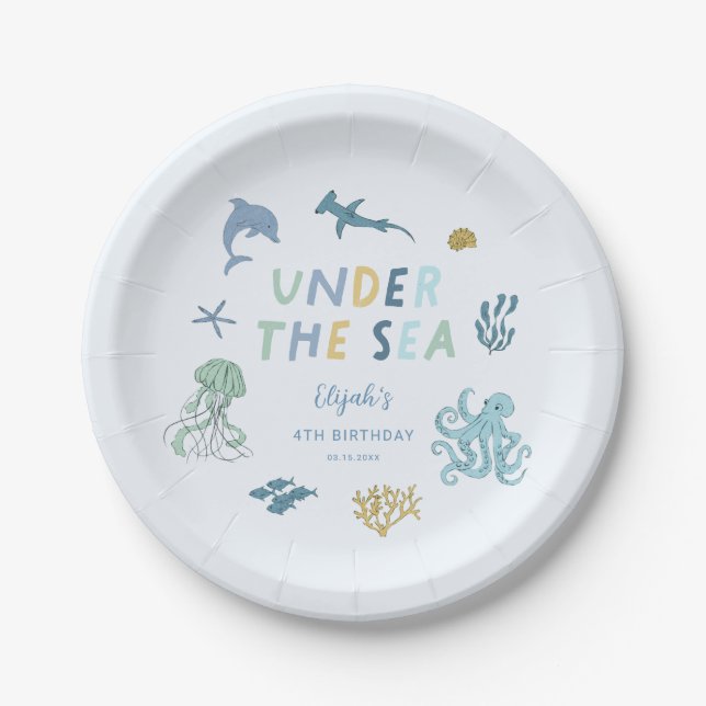 Under The Sea Blue Birthday Party Paper Plate (Front)