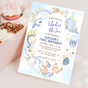 Under the Sea Blue Boy First Birthday Party Invitation
