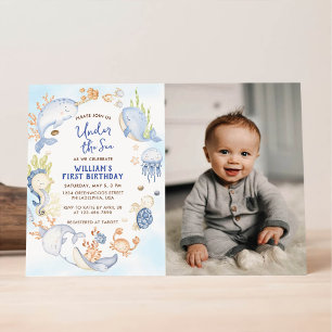 Under the Sea Blue Boy First Birthday Party Invitation