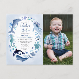 Under the Sea Blue Boy Photo Any Year Birthday Invitation Postcard