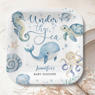 Under The Sea Blue Boy Watercolor Baby Shower Paper Plate