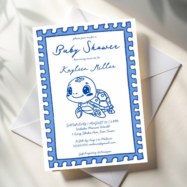 Under the sea blue cute turtle baby shower invitation (Under the sea turtle blue cute hand drawn post stamp turtle baby shower invitation cards template )