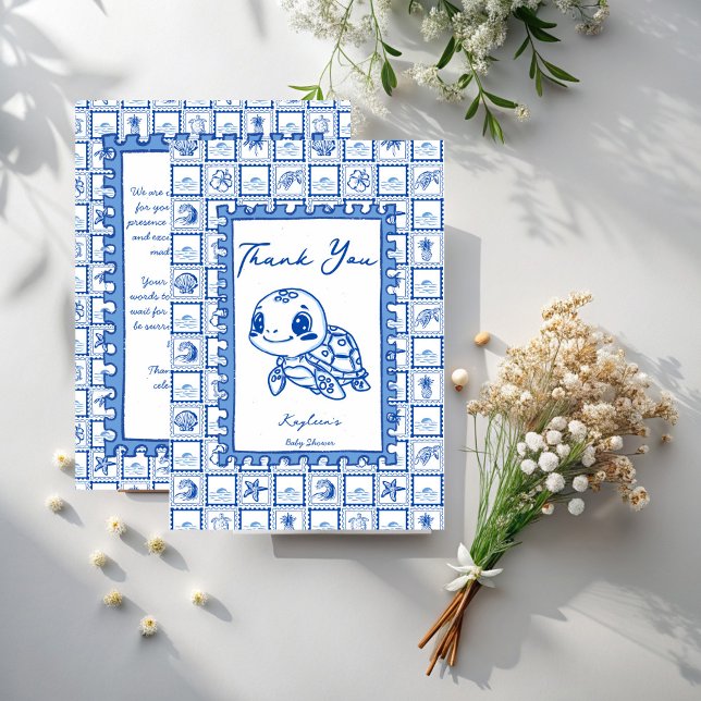 Under the sea blue cute turtle baby shower thank you card (Under the sea blue cute sea turtle baby shower thank you cards post stamp hand drawn sketch turtle)