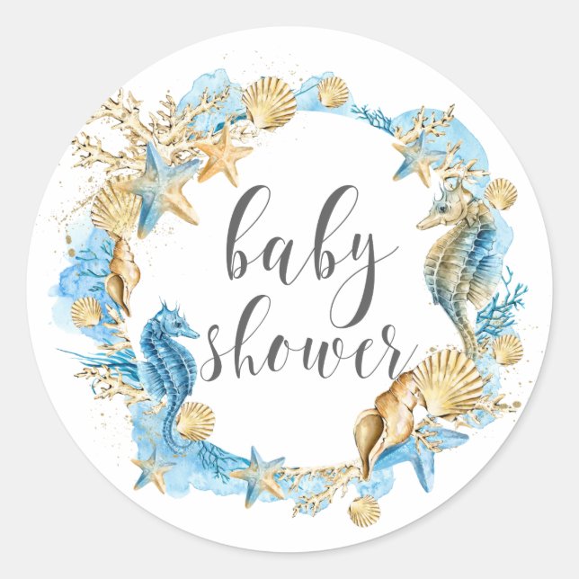 Under the Sea Blue & Gold Baby Shower Classic Round Sticker (Front)