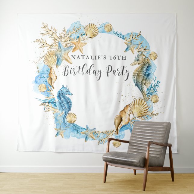 Under the Sea Blue Gold Birthday Party Backdrop Tapestry (In Situ (Horizontal))