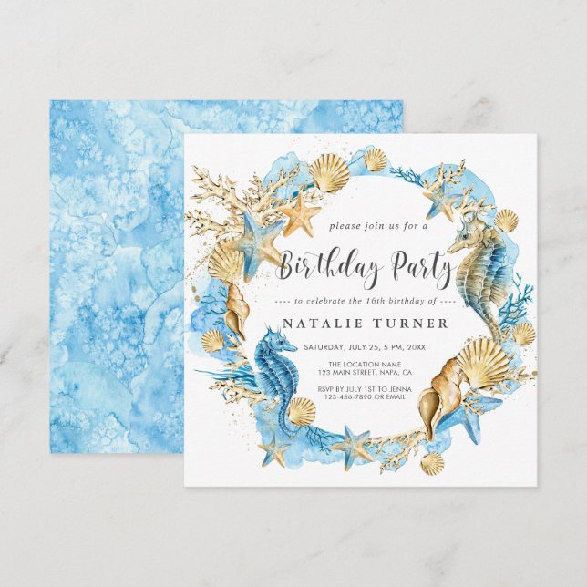 Under the Sea Blue Gold Birthday Party Invitation (Front/Back)