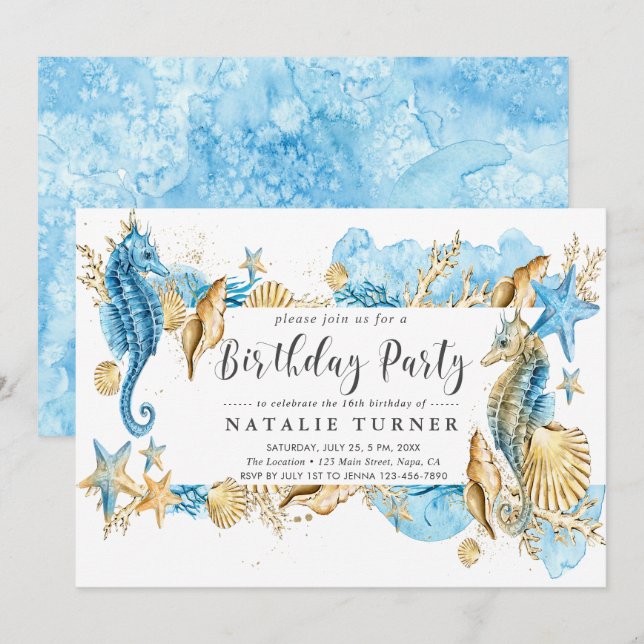 Under the Sea Blue Gold Birthday Party Invitation (Front/Back)