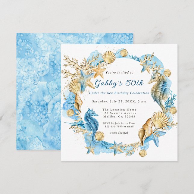 Under the Sea Blue Gold Birthday Party  Invitation (Front/Back)