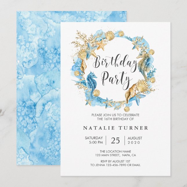 Under the Sea Blue Gold Birthday Party Invitation (Front/Back)