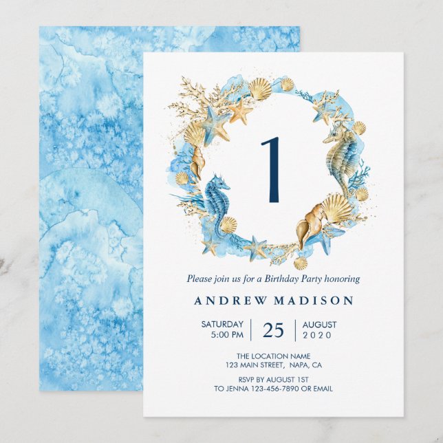 Under the Sea Blue Gold Birthday Party Invitation (Front/Back)
