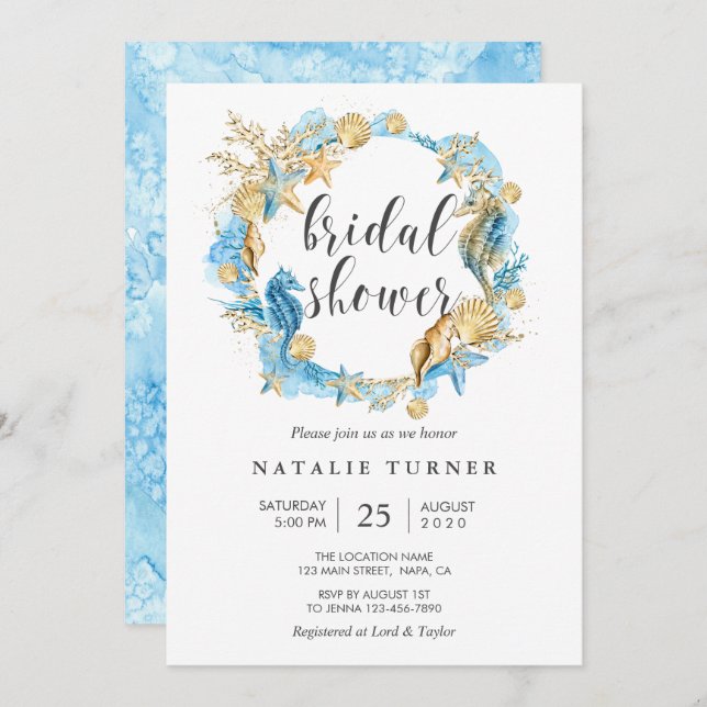 Under the Sea Blue & Gold Bridal Shower Invitation (Front/Back)
