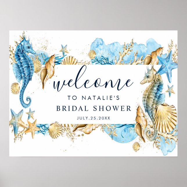 Under the Sea Blue & Gold Bridal Shower Welcome  Poster (Front)
