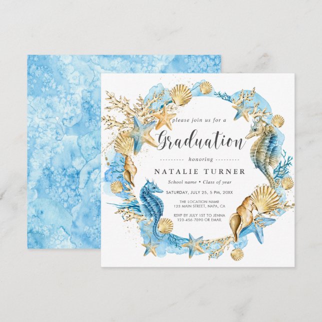 Under the Sea Blue Gold Graduation Invitation (Front/Back)