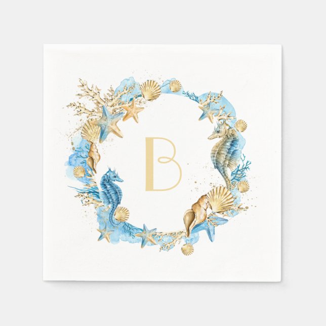 Under the Sea Blue Gold Monogram Napkin (Front)