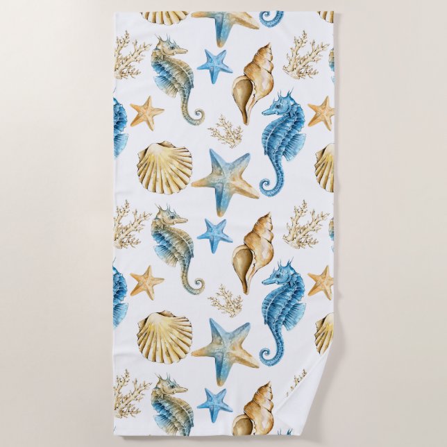 Under the Sea Blue & Gold Seahorse Beach Towel (Front)