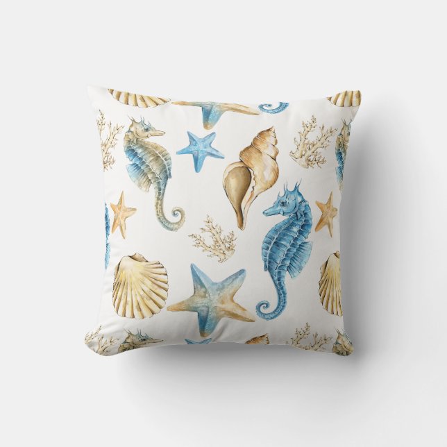 Under the Sea Blue & Gold Seahorse Cushion (Front)