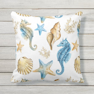 Under the Sea Blue & Gold Seahorse Cushion
