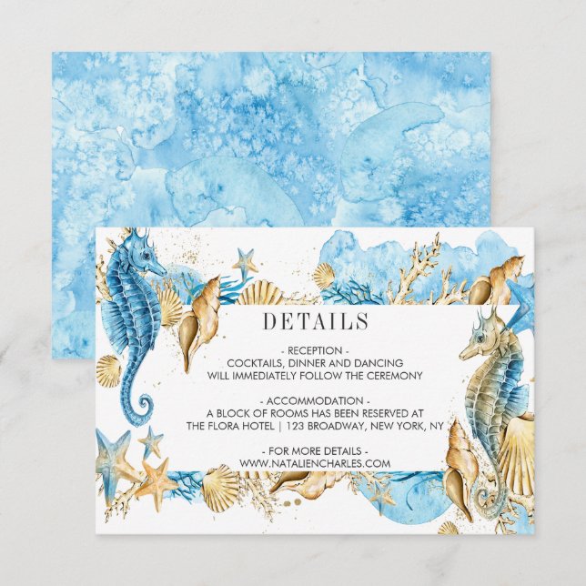 Under the Sea Blue Gold Summer Wedding Details Invitation (Front/Back)
