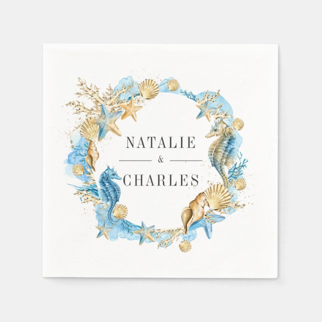 Under the Sea Blue Gold Summer Wedding Napkin (Front)