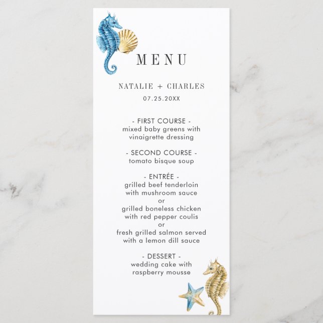 Under the Sea Blue Gold Wedding Menu (Front)