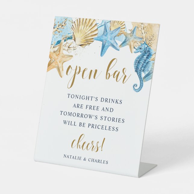 Under the Sea Blue Gold Wedding Open Bar Pedestal Sign (Front)