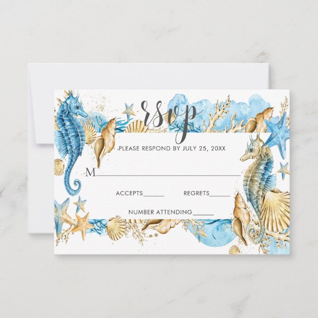 Under the Sea Blue Gold White Summer Wedding RSVP (Front)