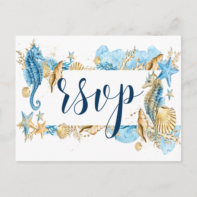 Under the Sea Blue Gold White Summer Wedding RSVP Invitation Postcard (Front)