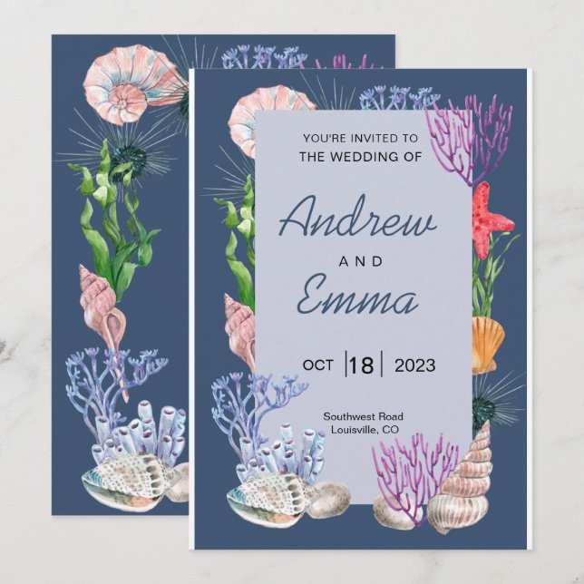 Under the Sea Blue Ocean Modern Wedding Invitation (Front/Back)