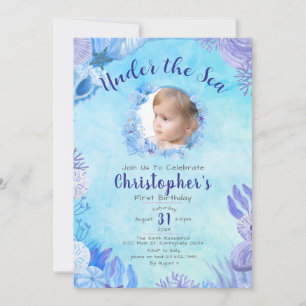 Under the Sea Blue Photo Boy's 1st Birthday Party Invitation