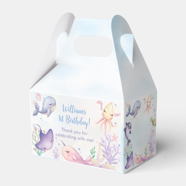 Under the Sea Blue Sea Life 1st Birthday Party Favour Box (Front Side)
