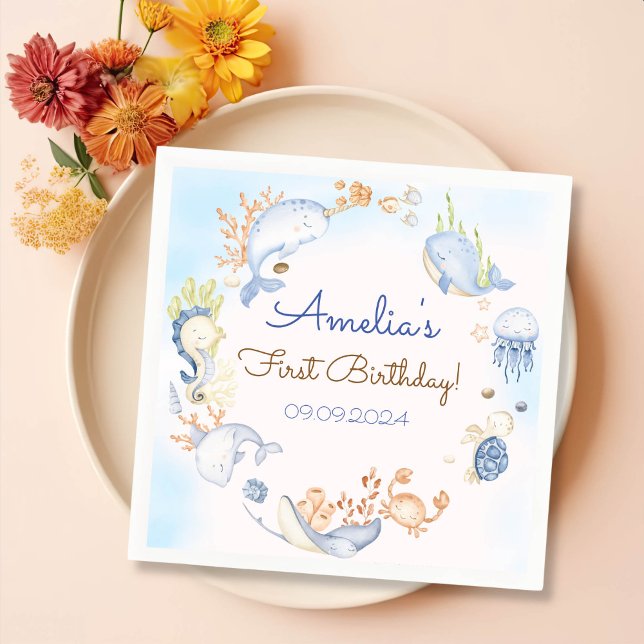 Under the Sea Blue Sea Life Birthday Party Napkin (Creator Uploaded)