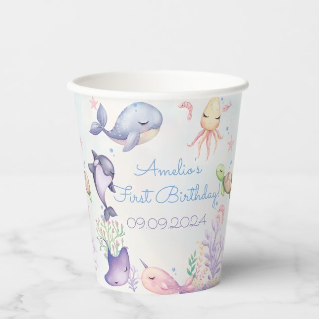 Under the Sea Blue Sea Life Birthday Party Paper Cups (Front)