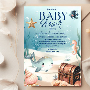 Under the Sea Blue Watercolor Baby Shower Invitation