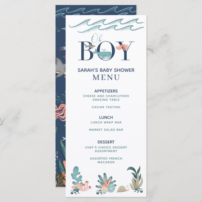 Under the Sea Blue Watercolor Oh Boy Shower Menu (Front/Back)