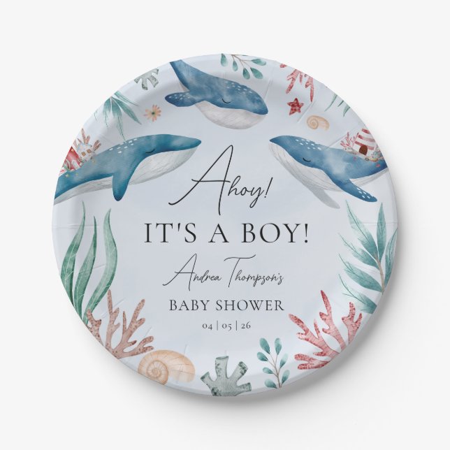 Under the Sea Blue Whale Boy Baby Shower Paper Plate (Front)