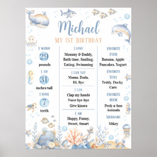 Under the Sea Boy 1st Birthday Milestone Poster