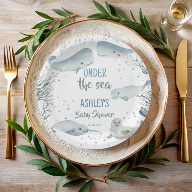 Under the sea boy baby shower printed paper plate (Under the sea boy baby shower personalized printed paper plates cute whales ocean animals table deco)