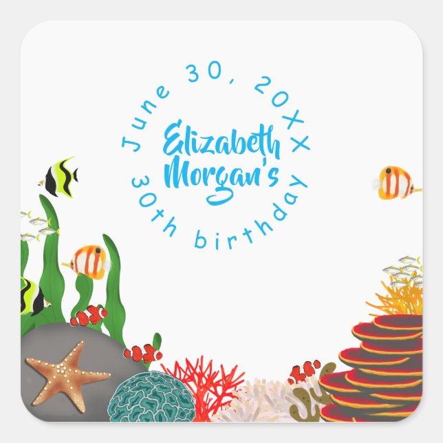 Under the Sea Cave Plants Fish Corals Birthday  Square Sticker (Front)
