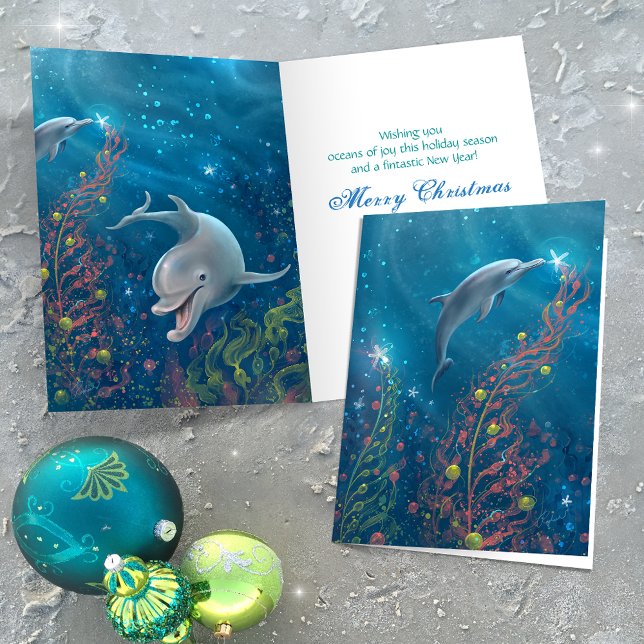 Under the Sea Christmas Tree Magical Dolphin Holiday Card (Add your own personalized holiday greeting to the inside of these unique dolphin Christmas cards.)